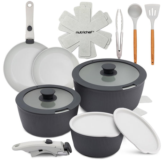 18-Piece Stylish Kitchen Cookware Set - Ceramic Nonstick Pots & Pans With Detachable Handles (Gray) - NCCS18DTHGY
