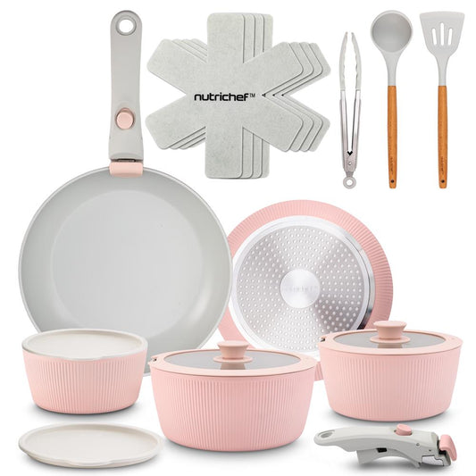 18-Piece Stylish Kitchen Cookware Set - Ceramic Nonstick Pots & Pans With Detachable Handles (Pink) - NCCS18DTHPK