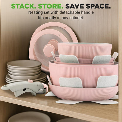 Stylowy 18-elementowy zestaw naczyń kuchennych – ceramiczne garnki i patelnie z powłoką zapobiegającą przywieraniu oraz odłączanymi uchwytami (różowy) - NCCS18DTHPK
