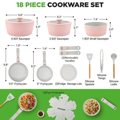Stylowy 18-elementowy zestaw naczyń kuchennych – ceramiczne garnki i patelnie z powłoką zapobiegającą przywieraniu oraz odłączanymi uchwytami (różowy) - NCCS18DTHPK