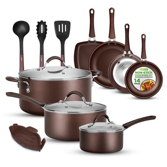 14-Piece Nonstick Cookware Set - Even Heat Scratch-Resistant Brown - NCCW14SBR