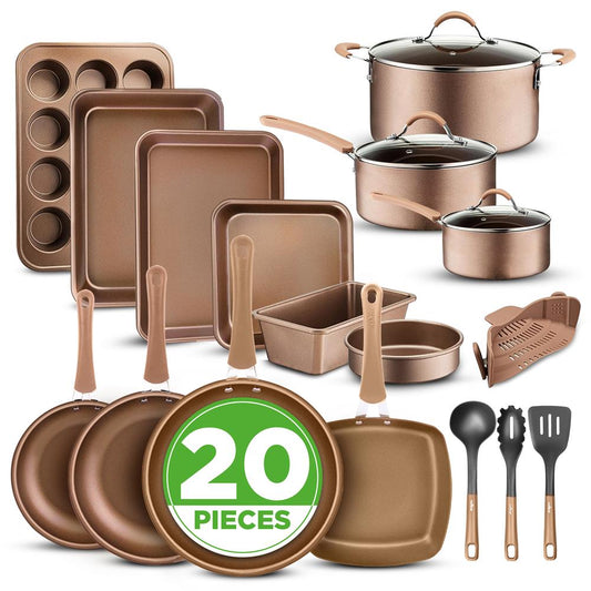 20-Piece Nonstick Cookware Set - Even Heat PFOA/PFOS-Free Tempered Glass - NCCW20S