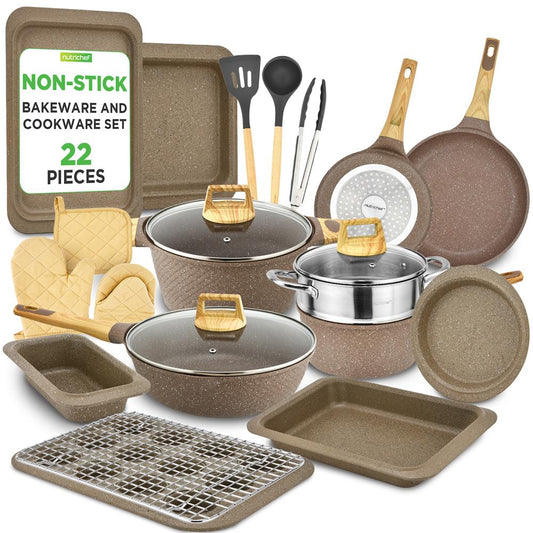 22-Piece Non-Stick Cookware Set Even Heat Marble Coating Maroon - NCCW22MAR