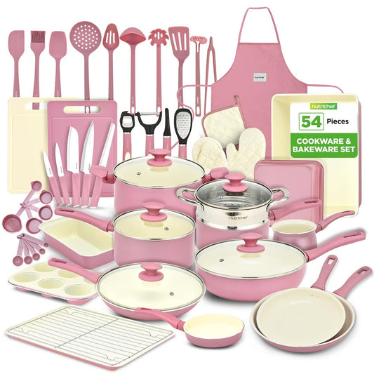 54-Piece Non-Stick Cookware Set Even Heat Ceramic Blush Pink - NCCW54PNK