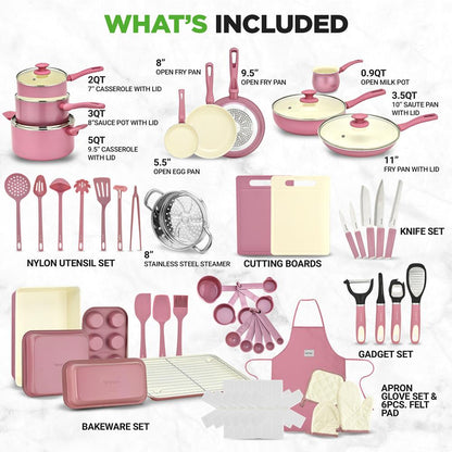 54-Piece Non-Stick Cookware Set Even Heat Ceramic Blush Pink - NCCW54PNK