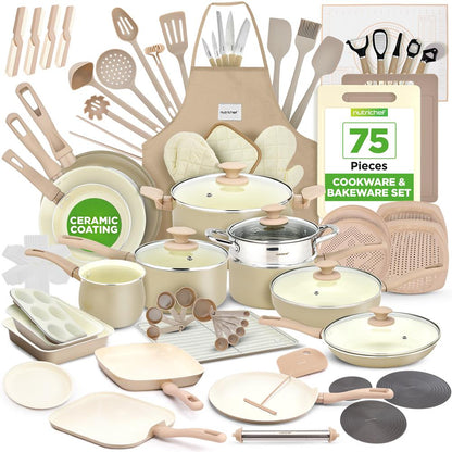 75-elementowy zestaw naczyń z powłoką zapobiegającą przywieraniu, powłoka ceramiczna, kremowy/brązowy - NCCW75TBR