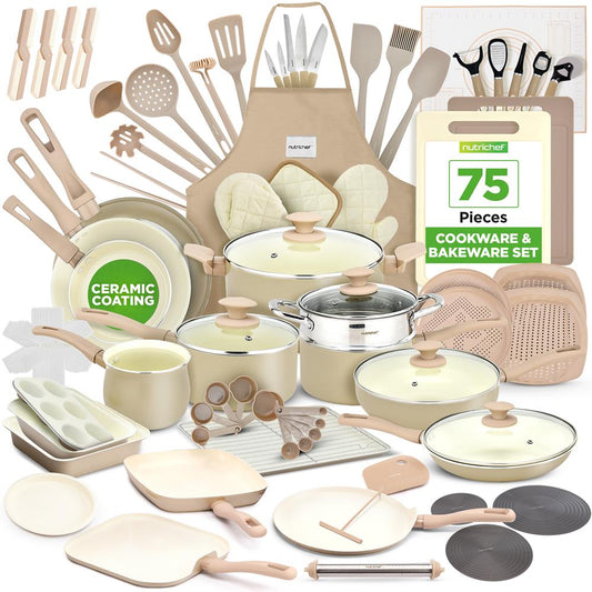 75-Piece Non-Stick Cookware Set Ceramic Coating Cream/Brown - NCCW75TBR