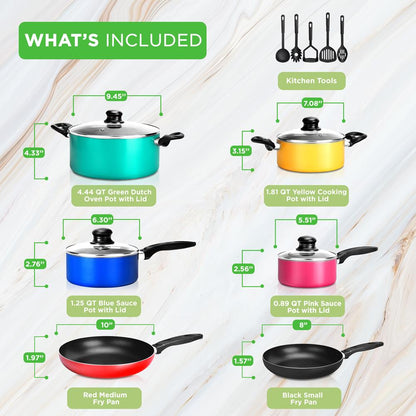 15-Piece Non-Stick Cookware Set Even Heat Colorful Lacquer Finish - NCCWCOR15