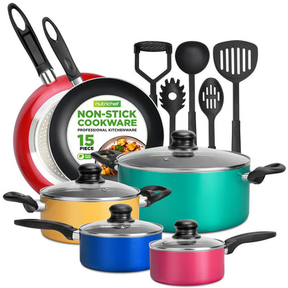15-Piece Non-Stick Cookware Set Even Heat Colorful Lacquer Finish - NCCWCOR15