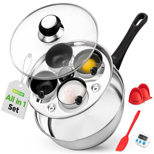 Egg Poacher Set for Perfect Eggs Stainless Steel Glass Lid Silver - NCEGG4KT