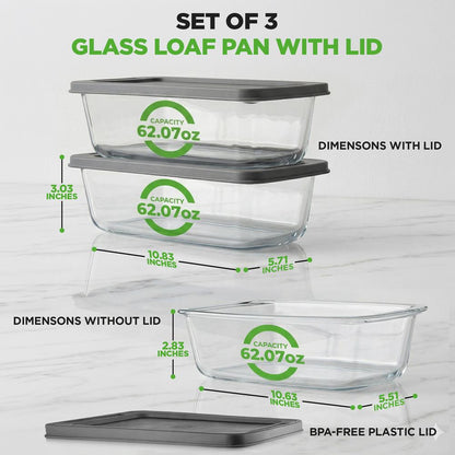 Formset med 6 glasbrödformar, lufttäta lock, stapelbara, ugnssäkra, genomskinliga - NCGL3LF