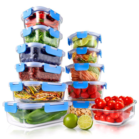 24-Piece Glass Food Storage Set Airtight Leak-Proof Blue - NCGLBU