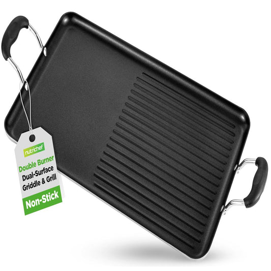 Nutrichef Nonstick Double Burner Griddle And Grill Pan – Stovetop Griddle With High Ridges & Sturdy Handles For Frying Grilling And Searing (Black) - NCGRP48