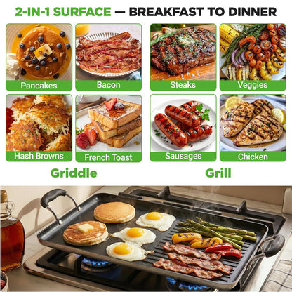 Nutrichef dwupalnikowa patelnia grillowa z powłoką zapobiegającą przywieraniu – patelnia z wysokimi żebrami i solidnymi uchwytami do smażenia, grillowania i opiekania (czarna) – NCGRP48