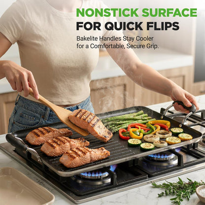 Nutrichef dwupalnikowa patelnia grillowa z powłoką zapobiegającą przywieraniu – patelnia z wysokimi żebrami i solidnymi uchwytami do smażenia, grillowania i opiekania (czarna) – NCGRP48
