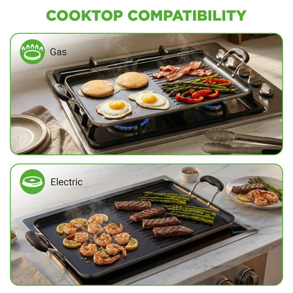 Nutrichef dwupalnikowa patelnia grillowa z powłoką zapobiegającą przywieraniu – patelnia z wysokimi żebrami i solidnymi uchwytami do smażenia, grillowania i opiekania (czarna) – NCGRP48