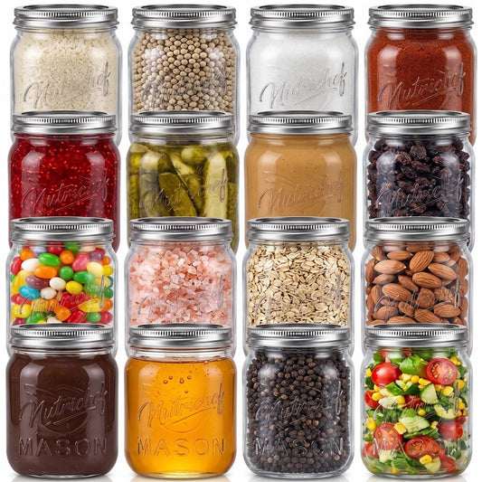 16-Pack 16 oz Mason Jars - Airtight Seal Durable Glass Silver Lids - NCMSJ16