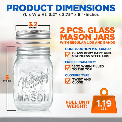 Masoni purgid, 2 tk, 473 ml – õhukindel sulgur, paks klaas, hõbedased kaaned - NCMSJ2