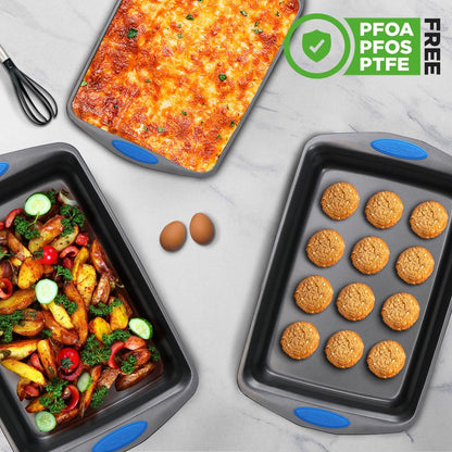 Set di teglie da forno antiaderenti da 3 pezzi in acciaio al carbonio, con manici blu, grigio - NCRL3SGRY