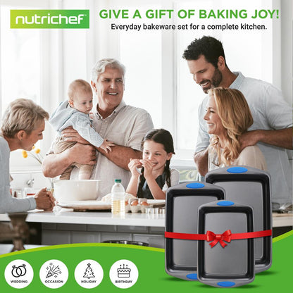 Set di teglie da forno antiaderenti da 3 pezzi in acciaio al carbonio, con manici blu, grigio - NCRL3SGRY