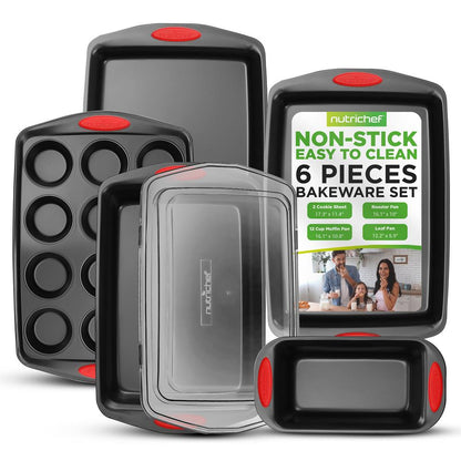 Juego de 6 piezas de utensilios antiadherentes para hornear, fácil de limpiar, de acero al carbono con asas rojas - NCRRL6BLK