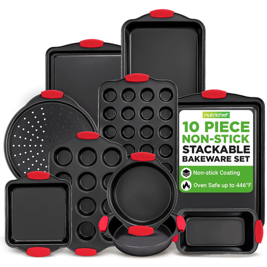 10-Piece Nonstick Bakeware Set Easy Clean Carbon Steel Red Handles - NCSBS10S