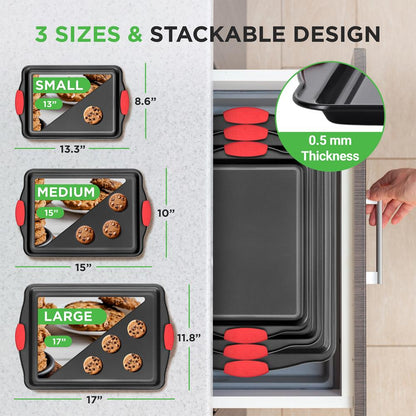 3-Piece Nonstick Baking Pan Set - Easy Clean Carbon Steel 0.4mm Red Handles - NCSBS3S