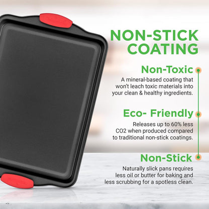 3-Piece Nonstick Baking Pan Set - Easy Clean Carbon Steel 0.4mm Red Handles - NCSBS3S