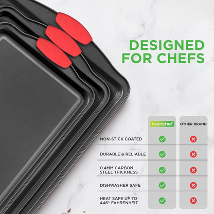 3-Piece Nonstick Baking Pan Set - Easy Clean Carbon Steel 0.4mm Red Handles - NCSBS3S