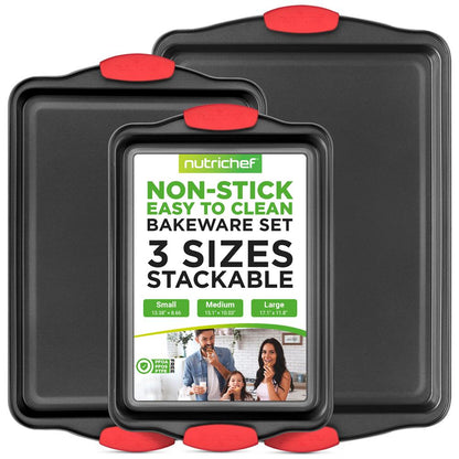 3-Piece Nonstick Baking Pan Set - Easy Clean Carbon Steel 0.4mm Red Handles - NCSBS3S