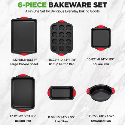 Conjunto de formas para forno antiaderentes de 6 peças, em aço-carbono, pegas de silicone vermelhas — NCSBS6S