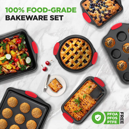 Conjunto de formas para forno antiaderentes de 6 peças, em aço-carbono, pegas de silicone vermelhas — NCSBS6S