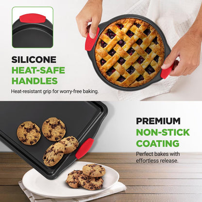 Conjunto de formas para forno antiaderentes de 6 peças, em aço-carbono, pegas de silicone vermelhas — NCSBS6S