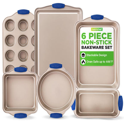 6-Piece Nonstick Bakeware Set - Easy Clean Carbon Steel Blue Handles - NCSBSG36