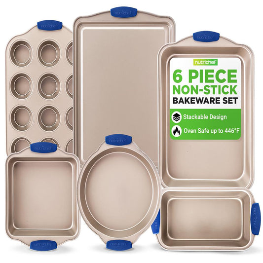 6-Piece Nonstick Bakeware Set - Easy Clean Carbon Steel Blue Handles - NCSBSG36