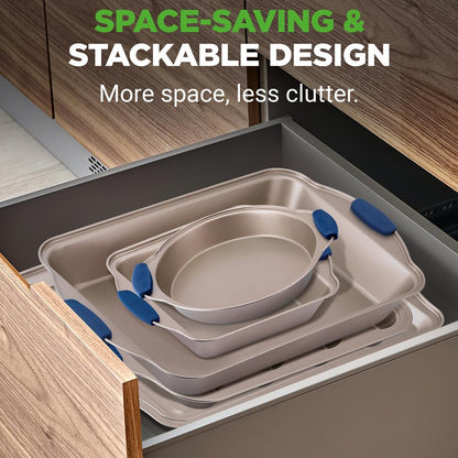 6-Piece Nonstick Bakeware Set - Easy Clean Carbon Steel Blue Handles - NCSBSG36