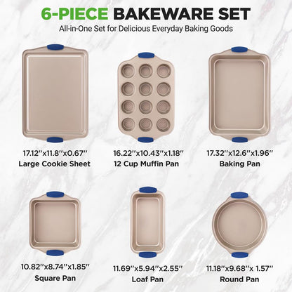 6-Piece Nonstick Bakeware Set - Easy Clean Carbon Steel Blue Handles - NCSBSG36