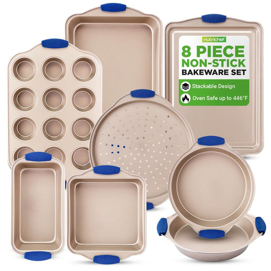 8-Piece Nonstick Bakeware Set - Easy Release Carbon Steel Blue Handles - NCSBSG78