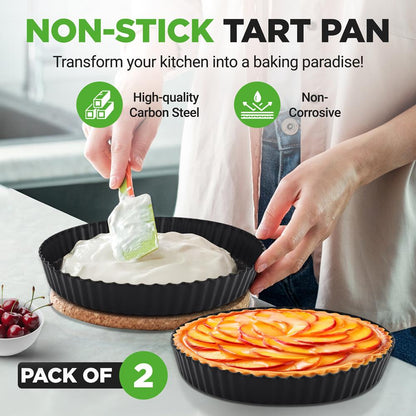 2 Round Tart Pans Nonstick Carbon Steel Removable Base 9 Inch - NCTRT2BK