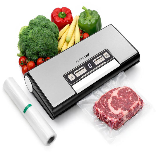 Nutrichef Vacuum Sealer Machine - 80Kpa Automatic Food Sealer With Built-In Cutter Storage Bag Compartment Air Suction Hose 1 Roll & 5 Vacuum Bags For Meal Prep Bulk Storage & Food Portioning (Silver) - NCVS80BSS