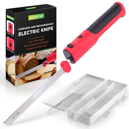 Coltello elettrico senza filo per tagliare facilmente, lame in acciaio inossidabile, rosso - NUELREKN3RED