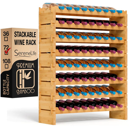 Stackable Wine Rack 72-Bottle Capacity Bamboo Modular Display Shelf - SLWMDSF226