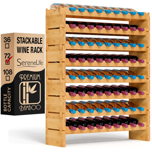 Stackable Wine Rack 72-Bottle Capacity Bamboo Modular Display Shelf - SLWMDSF226