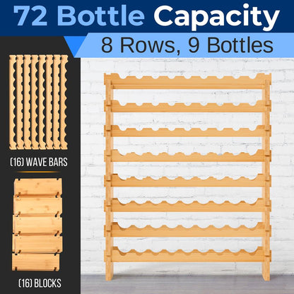 Stackable Wine Rack 72-Bottle Capacity Bamboo Modular Display Shelf - SLWMDSF226