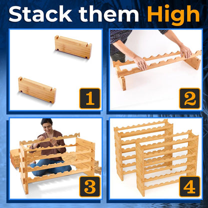 Stackable Wine Rack 72-Bottle Capacity Bamboo Modular Display Shelf - SLWMDSF226
