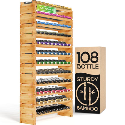 12 Tier Wine Shelf - Strong Frame Solid Bamboo For 108 Bottle Wine Capacity (Color) - SLWMDSF960