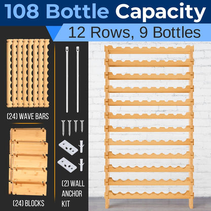 12 Tier Wine Shelf - Strong Frame Solid Bamboo For 108 Bottle Wine Capacity (Color) - SLWMDSF960