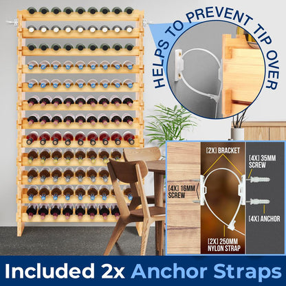 12 Tier Wine Shelf - Strong Frame Solid Bamboo For 108 Bottle Wine Capacity (Color) - SLWMDSF960